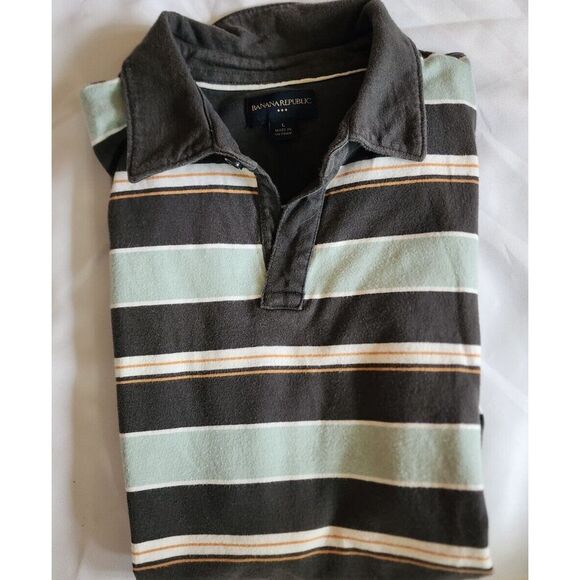 Banana Republic Other - BANANA REPUBLIC POLO MENS LARGE GREEN GRAY WHITE STRIPES COLLARED SHORT SLEEVE‎